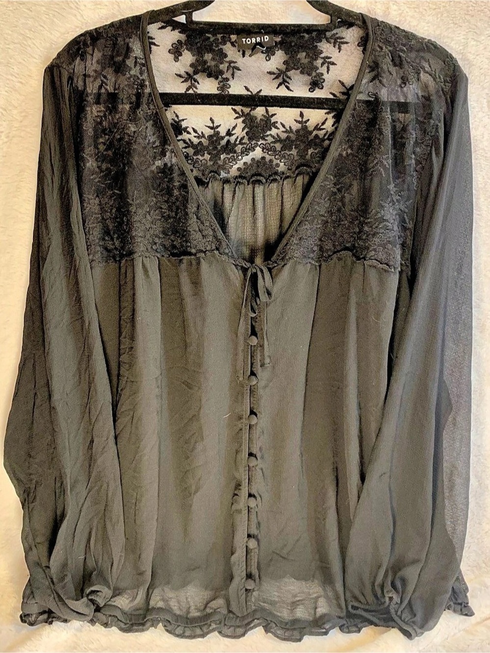 Torrid Black Sheer Chiffon Floral Lace Yoke Peasant Blouse Top 3 / 3X